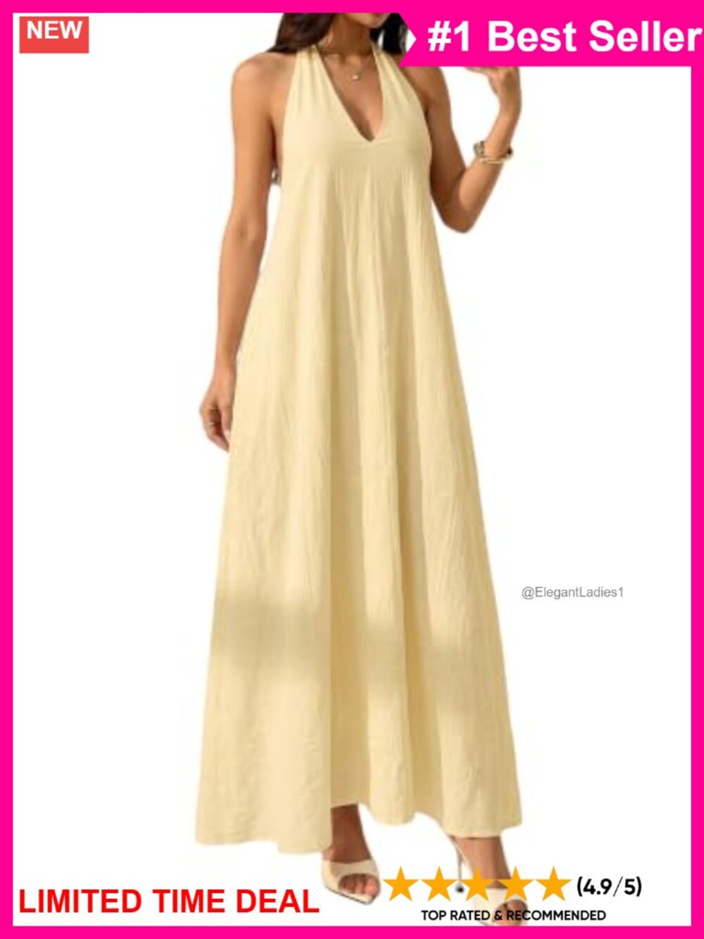 Halter Maxi Dress Ruffle Hem A-Line Sleeveless Deep V-Neck Side Pockets
